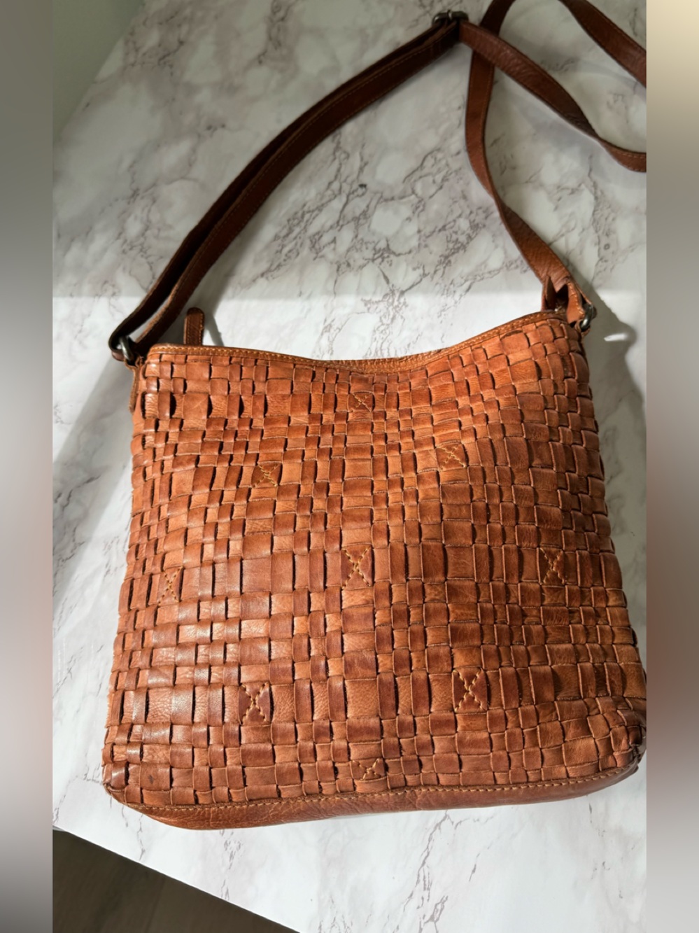 Vilenca Holland Woven Genuine Leather Cognac Crossbody Shoulder Bag